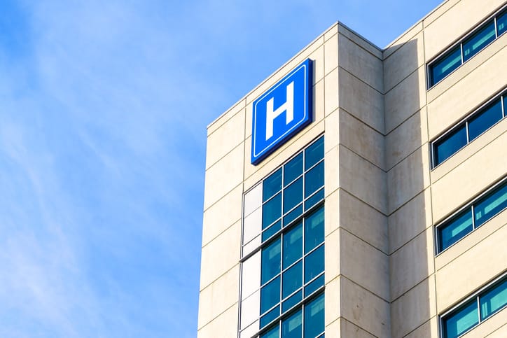 Exterior architecture of a hospital, with large 