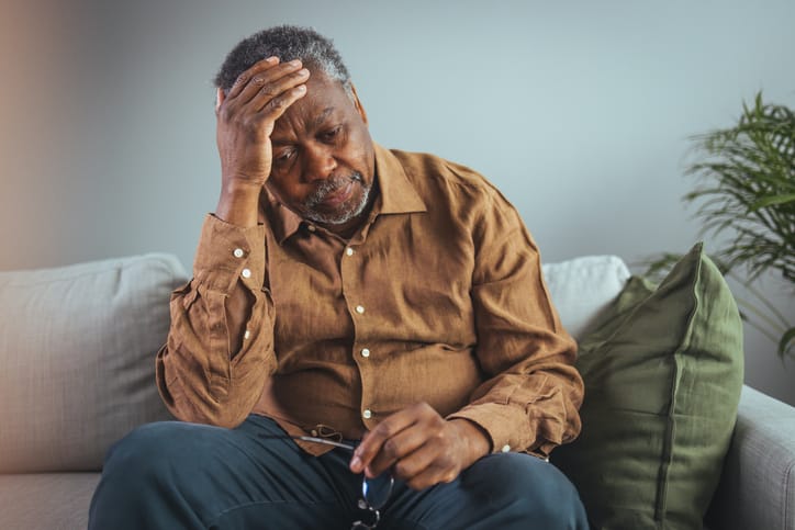 Stressed man sitting on couch with head in hands