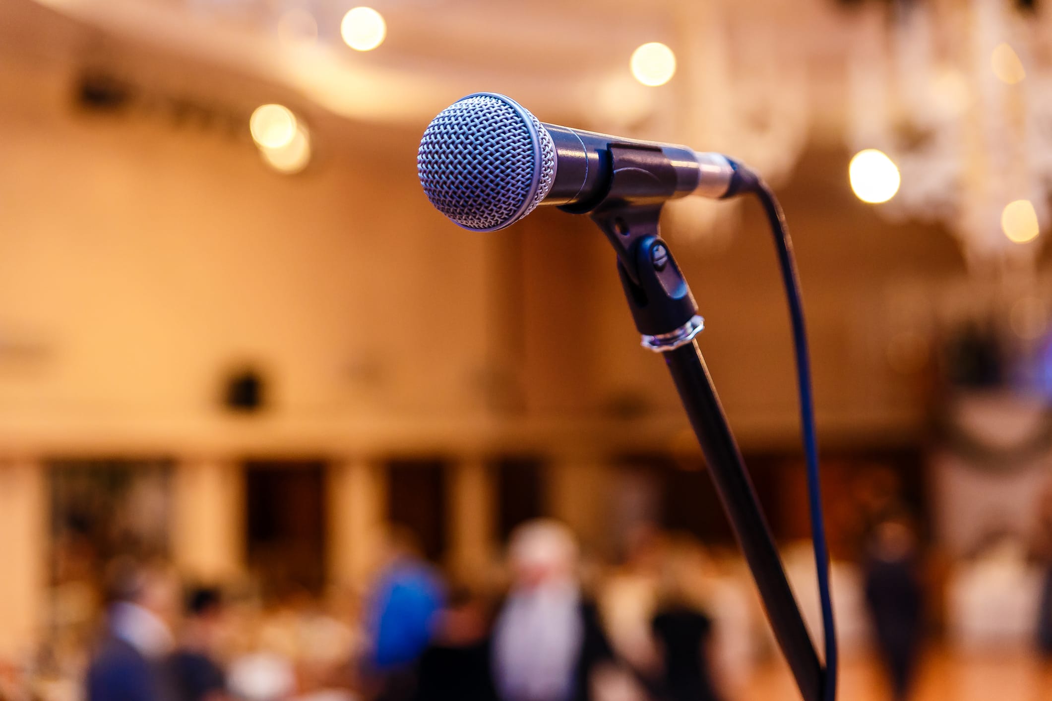 microphone on a stand before a blurred background